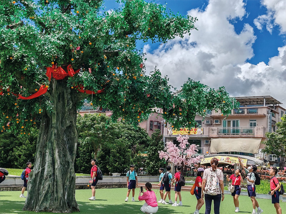 一群孩子聚集在林村的許願樹旁。