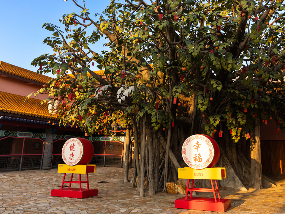 The famous drums sit under a tree in Ngong Ping Village.