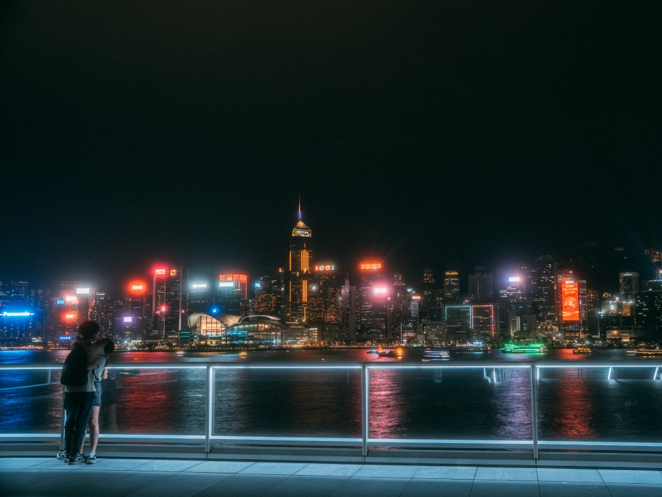 View of Hong Kong’s skyline at night from Ocean Terminal Deck.