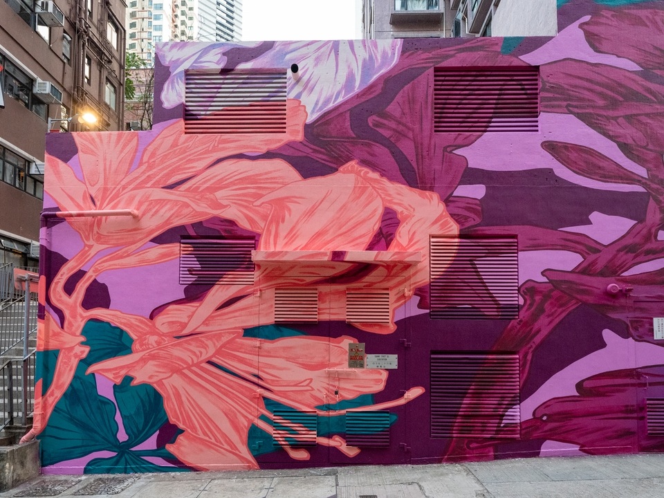Pink and purple floral art mural by George Rose. 