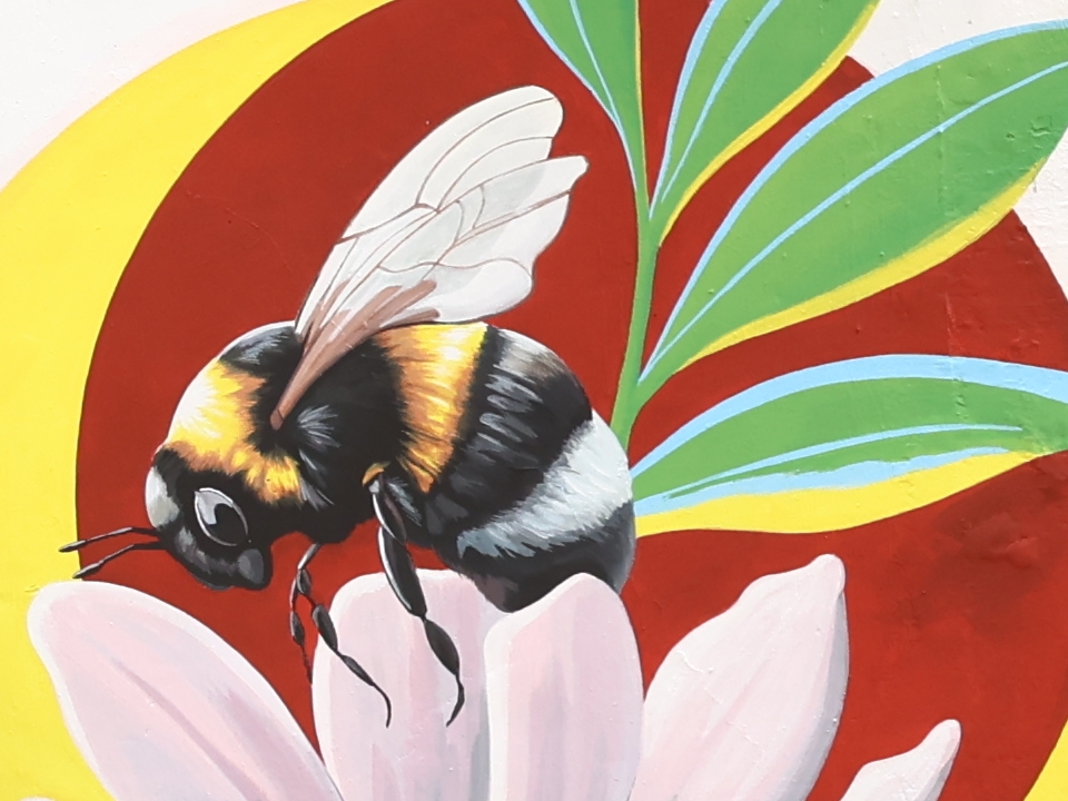 Mural by Riitta Kuisma depicting a huge bee. 