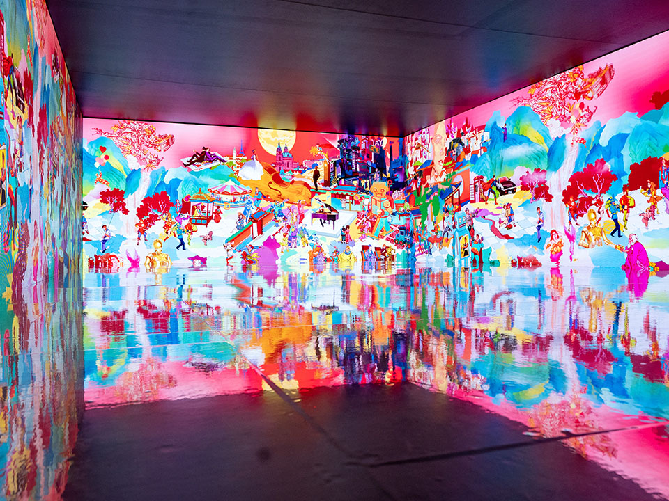 A colourful digital art piece displayed at the Digital Art Fair, offering a multisensory experience.