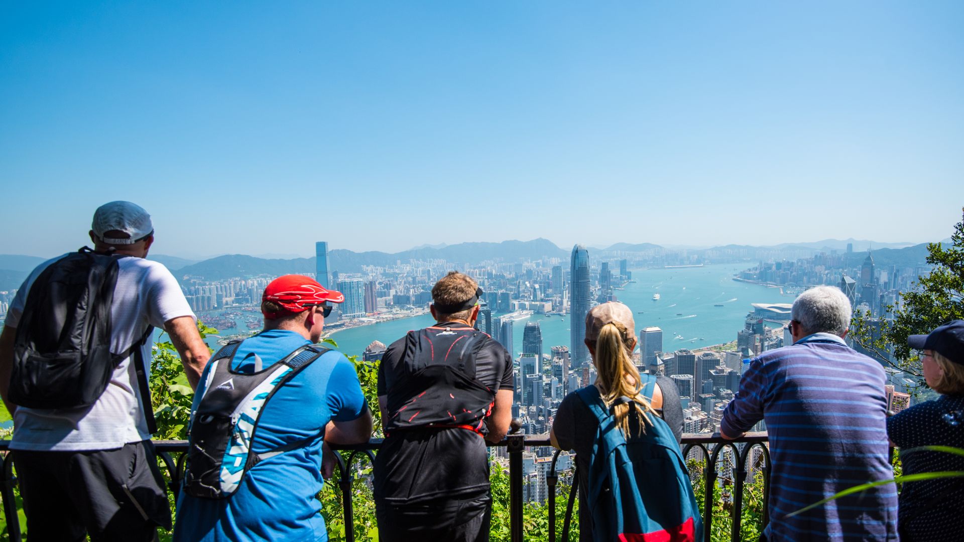 Panoramic view of Victoria Harbour from Lugard Road Lookout and Lions Point View Pavilion