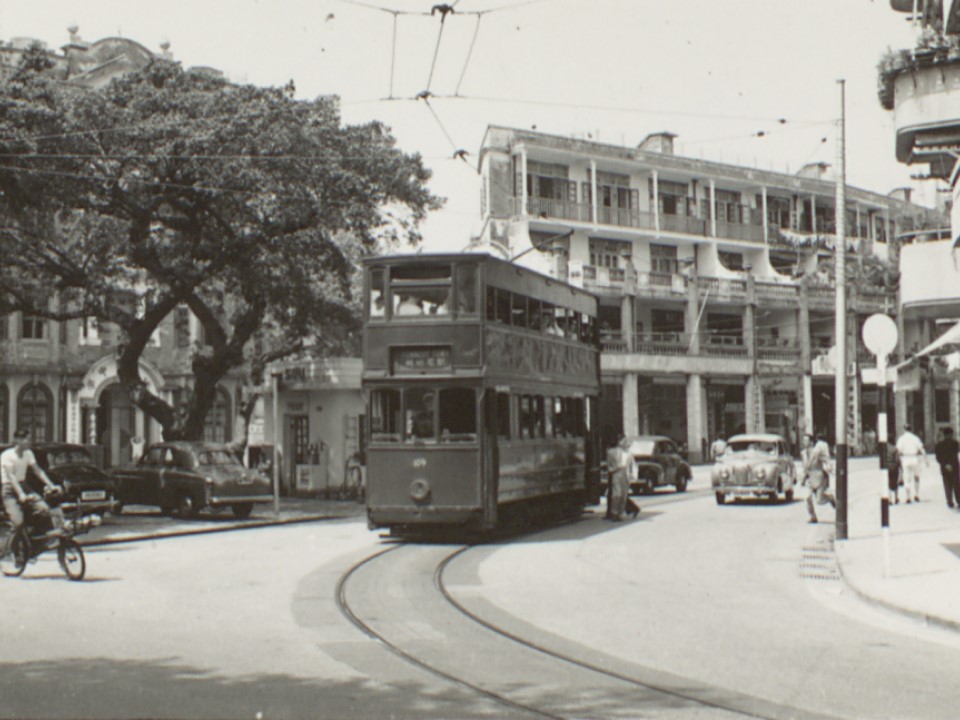 A double-decker tram on Leighton Hill Road in the 1950s