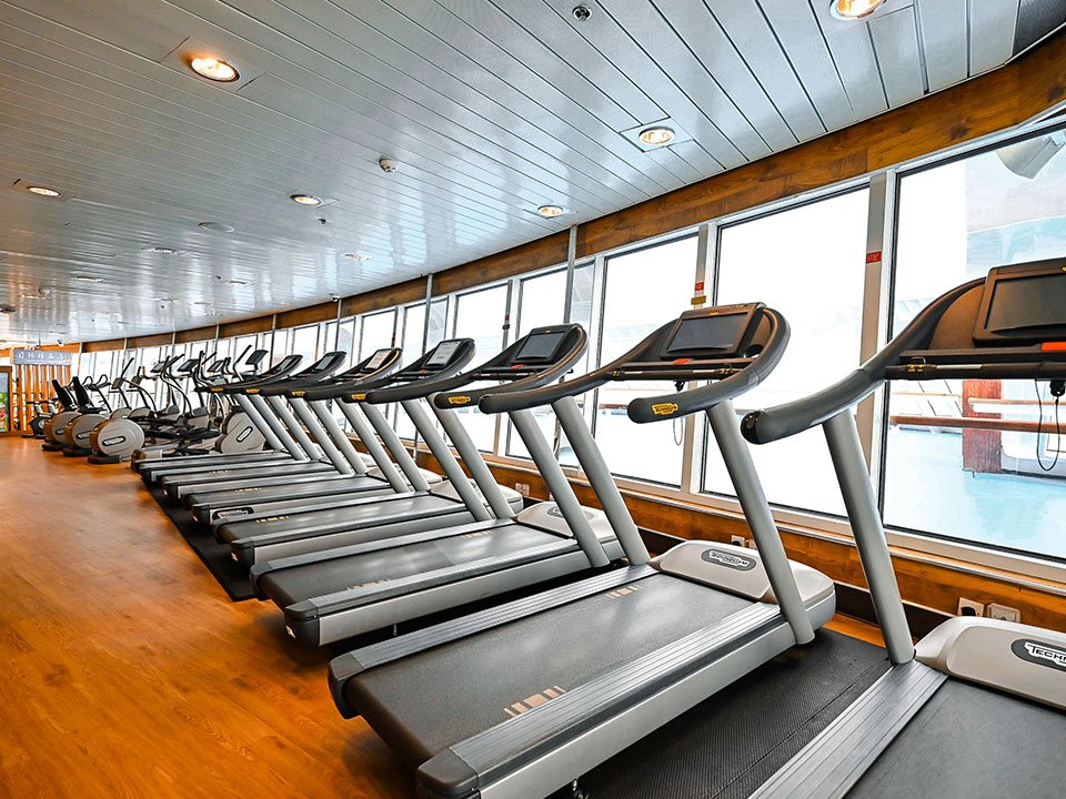 A row of running machines from a cruise ship.