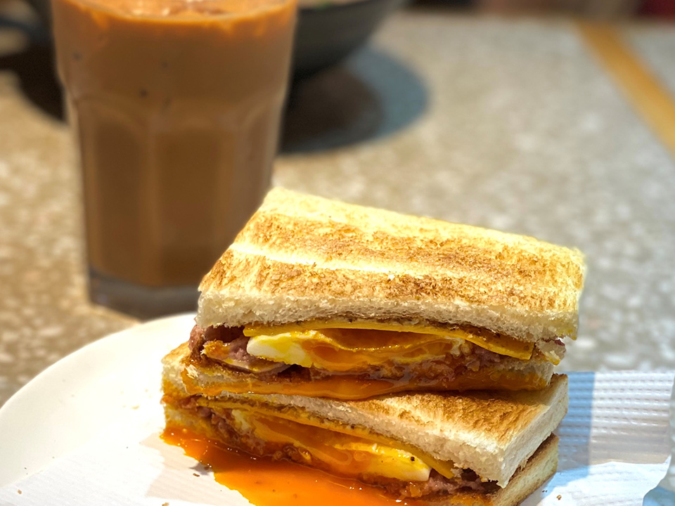 Corned beef, cheese and egg toast at Waso Cafe