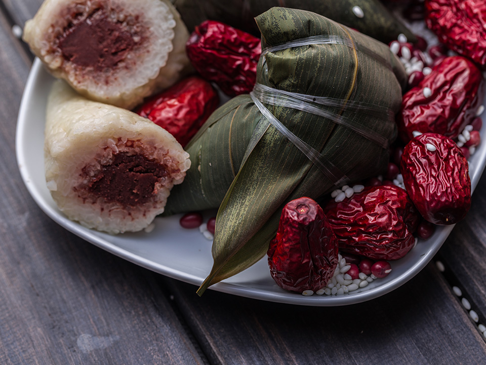 Beijing-style zongzi is often filled with red dates and red bean paste
