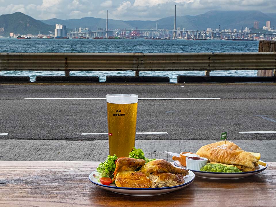At Fish & Chick, customers can enjoy their French rotisserie chicken and beer with a view.