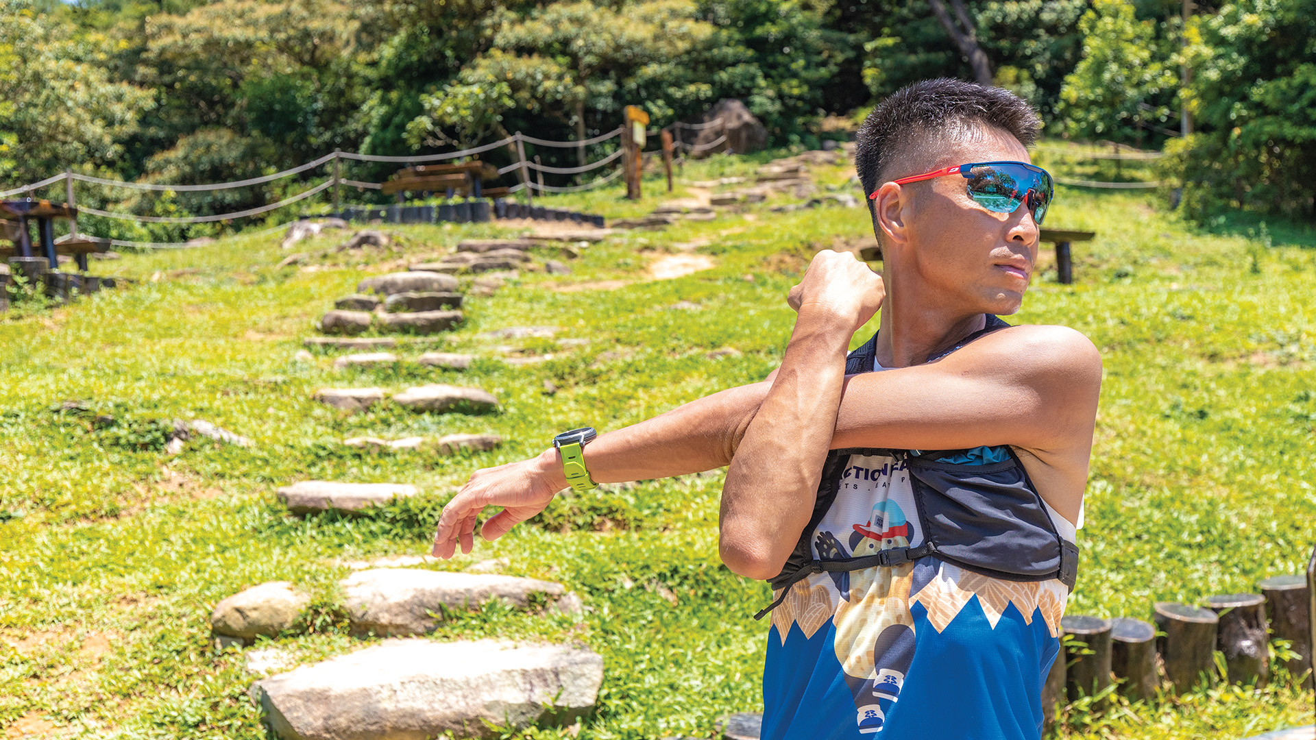 Trail runner Law Chor Kin warms up before a run.