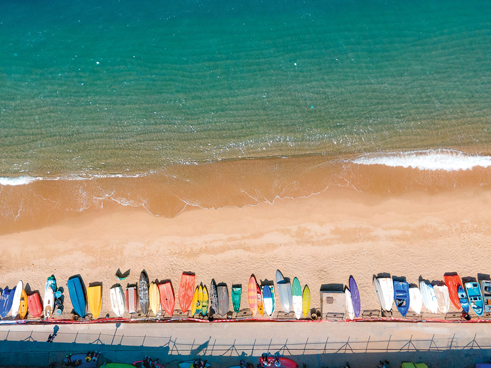 東灣海灘上列出一排排的滑浪板 