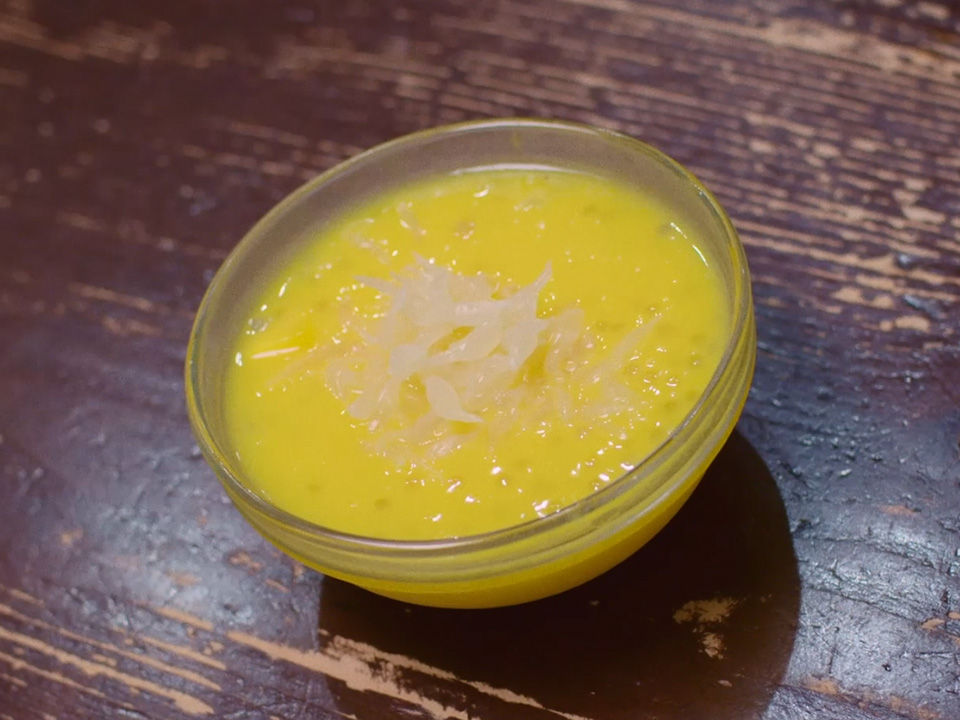 A bowl of mango sago with pomelo dessert from Kai Kai