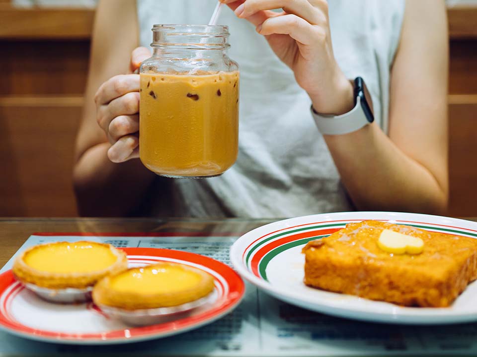 egg tart, Hong Kong style French toast and milk tea